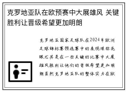 克罗地亚队在欧预赛中大展雄风 关键胜利让晋级希望更加明朗